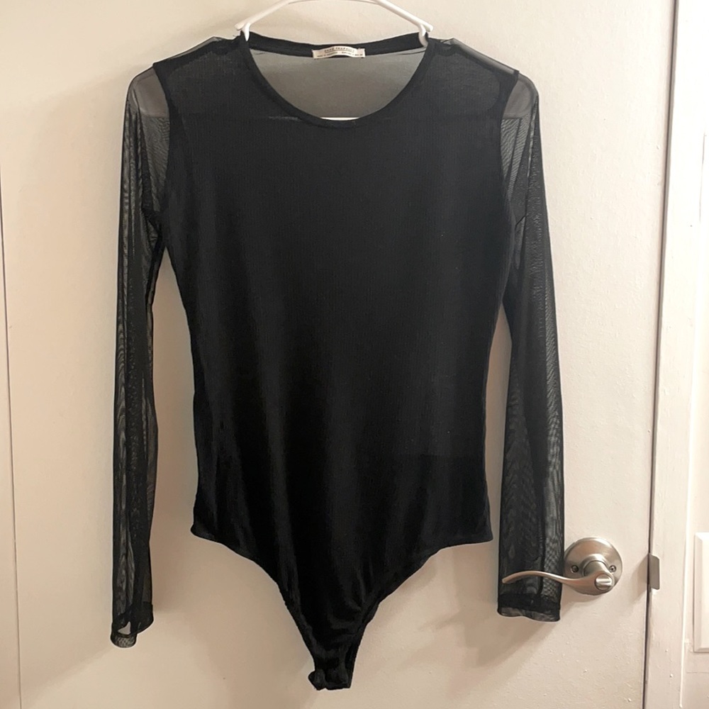 Zara Trafaluc Black sheer Mesh Long Sleeve Ribbed Bodysuit Size Small